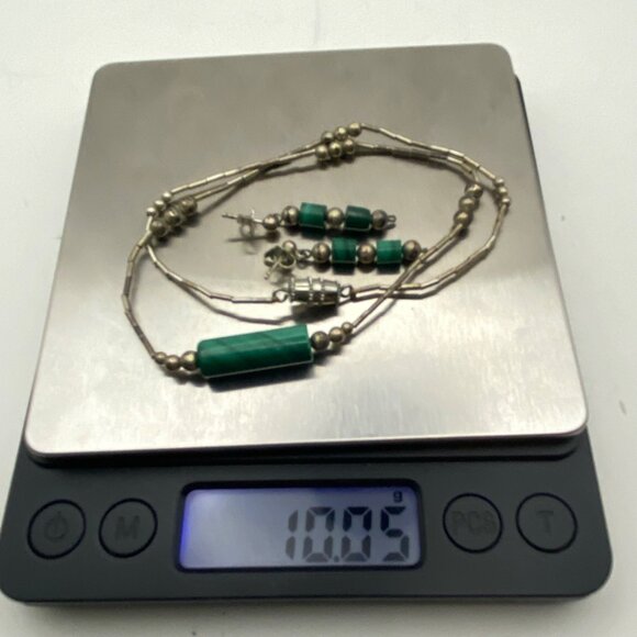 Sterling Liquid Silver Malachite Bead Necklace Dangle Earrings Set Vintage 15" - Picture 7 of 7